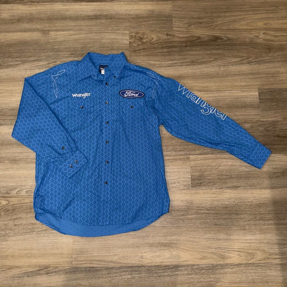 Wrangler® Ford Logo Blue Print Long Sleeve Button Down Shirt MP2295M Men's Large